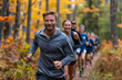 © gntdsgn - Professional Photography of a Personal Trainer Leading a Group of Runners on a Scenic Trail Run Through a Forest, Generative AI