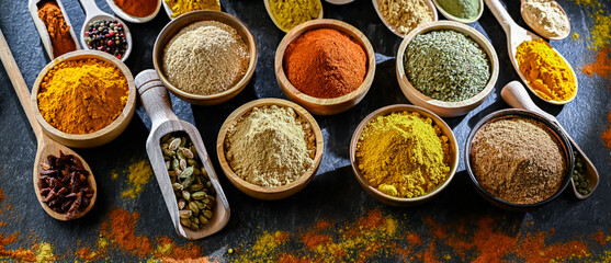 Wall Mural - Composition with assortment of spices and herbs