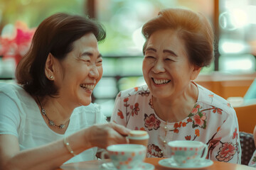 Wall Mural - smiling happiness two senior women are sitting at a table, smiling and laughing while holding cups. They seem to be enjoying each other's company and having a good time