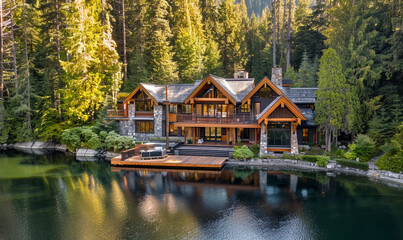 Luxury and modern house in the middle of forest next to lake.