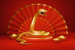 Snake is a symbol of the 2025 Chinese New Year. 3d render illustration of Golden Snake on a podium, gold ingots Yuan Bao on a red background. Zodiac Sign Snake, asian oriental concept for lunar year