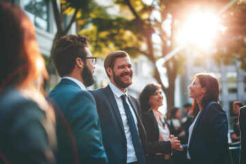 A business group of people are standing outside, smiling and laughing. They are all dressed in business attire, and one man is wearing a tie. Scene is cheerful and friendly