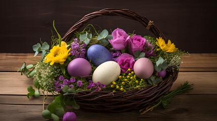 An arrangement of vibrant dyed eggs surrounded by delicate spring flowers and foliage in a rustic basket captures the symbolic meaning of rebirth and new beginnings found in Easter traditions.