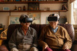 An elderly couple in virtual reality, exploring an art museum from their living room