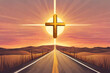 An illustration featuring a large golden cross on a long road at sunset