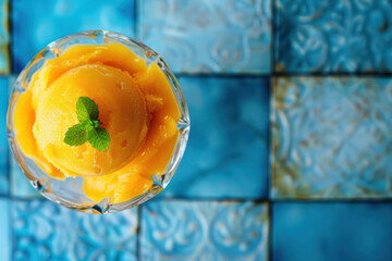 mango sorbet in crystal glass bowl with mint on blue tile background