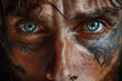 Close-Up of a Man with Blue Eyes and Striking Facial Tattoos