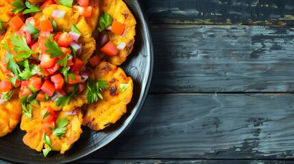 Wall Mural - Grilled pineapple slices topped with fresh tomato and red onion salsa on a black plate, rustic wooden background