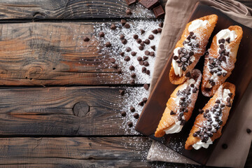 Wall Mural - flaky pain au chocolat pastry with a glossy chocolate topping on a wooden background