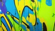 Colorful street art graffiti background. Green, blue, yellow colors. Abstract wall surface with colorful drips, flows, streaks of paint and paint sprays