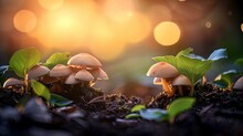 Bright Forest Clearing,beautiful Sunlight And Seasonal Nature Background With Bokeh And Short Depth Of Field. Close-up With Space For Text, Close-up On Wildlife Nature Mushrooms And Green Fresh Leaves