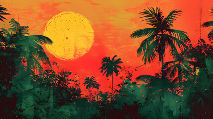 Wall Mural - Background in the concept of summer with silhouettes of coconut trees with visible sky and sun using reggae style colors.