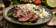 Sliced ​​picanha with rice and beans on a plate