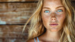 Portrait of a girl with blue eyes and blonde hair with lots of freckles