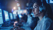 Customer service agents with headsets in a brightly lit call center screens showing chat and email conversations teamwork in focus