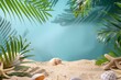 Symbolic tropical sandy beach with blue background, palm leaves sea shells and starfish and empty space for product advertisement Montage of summer relaxation background. generative ai.