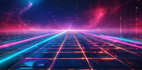 Futuristic neon grid: a dynamic tech background with vibrant neon colors and grid structures, adding a futuristic flair to digital designs.