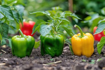 Wall Mural - Three vivid sweet bell peppers outdoors in garden