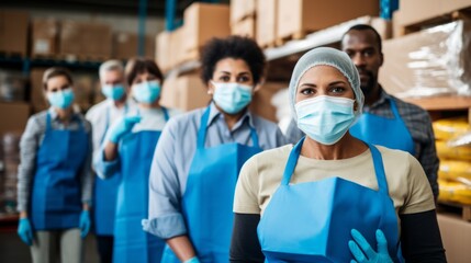 Wall Mural - A group of volunteers wearing a blue apron, masks and gloves work in a grocery warehouse. Donations, Social assistance to the poor and needy, Charitable organization, Free Food concepts.