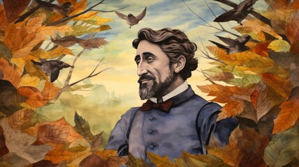 Wall Mural - A man with a bow tie is standing in a forest of leaves. The leaves are orange and yellow, and the sky is blue. The man is looking at the camera