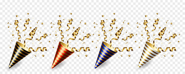 Vector exploding realistic colorful party popper with gold ribbons and confetti. Decor for invitation, greeting card, banner for anniversary or birthday.