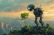 Droid on a cliff over cityscape at dawn holds tree, symbolizing harmony between urban life and nature’s solitude. Mech perched atop lush overgrowth looks upon awakening city, illustrating the balance
