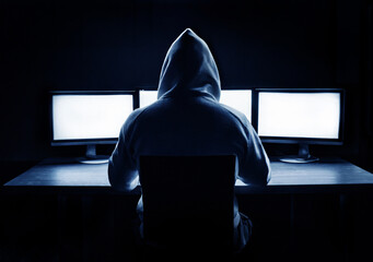 Wall Mural - mysterious man with hoodie in front of a series of computer monitors