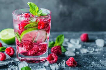 Wall Mural - Raspberry mojito cocktail with lime, mint and ice, cold, iced refreshing drink or beverage