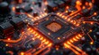 3D rendering of a cyberpunk AI circuit board against a technology background, depicting the concept of central computer processors and a motherboard digital chip in a tech science context.