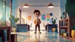 © Infinite Gallery - A 3D rendered animated character with large glasses and a stylish suit stands confidently in a well-lit, contemporary office setting..