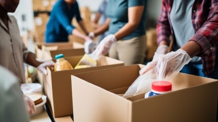 Wall Mural - Close-up of a group of volunteers packing food and groceries into boxes at a refugee aid center. Food Bank, Donations, Social assistance to the poor and needy, Charity organization, Free Food concepts