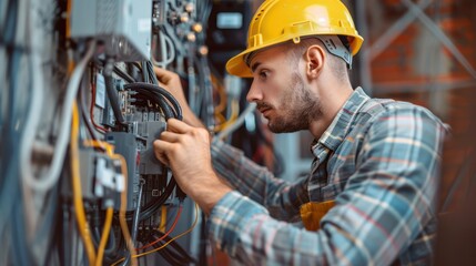 A male electrician works in a switchboard with an electrical connecting cable