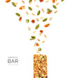 Creative layout made of seeds protein bar with pumpkin seeds, raisins and oatmeal on white background. Flat lay. Food concept.