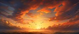 Fototapeta  - A natural landscape painting capturing the amber afterglow of a red sky at morning. Cumulus clouds drift across the orange dusk sky, with a flock of birds flying gracefully