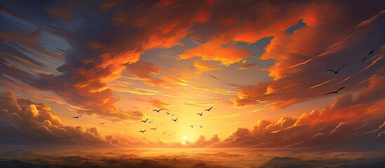 Wall Mural - A natural landscape painting capturing the amber afterglow of a red sky at morning. Cumulus clouds drift across the orange dusk sky, with a flock of birds flying gracefully