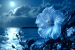 A delicate hibiscus flower blooms under the moonlight, illuminating its petals against a dark ocean backdrop