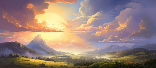 Wall Mural - a picturesque natural landscape with a sunset painting the sky in vibrant colors, casting a warm glo