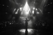 Silhouette of a performer with arms wide open, commanding the stage under a grand chandelier and dramatic stage lights..