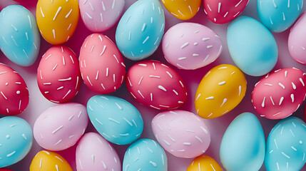 Wall Mural - Colorful Easter Eggs and Candy on Pastel Pink Background