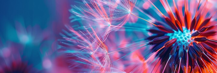 Poster - Macro shot of dandelion seed head on neon background