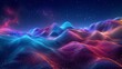 A 3D rendering of an abstract, digital landscape, featuring undulating waves of neon light against a backdrop of deep space with vibrant hues of electric blue, magenta, and neon green