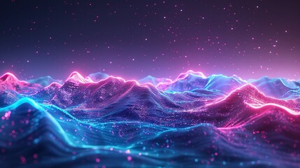 Wall Mural - A 3D rendering of an abstract, digital landscape, featuring undulating waves of neon light against a backdrop of deep space with vibrant hues of electric blue, magenta, and neon green