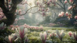 A peaceful garden filled with blooming magnolia trees, their large pink and white flowers creating a stunning display