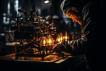 Wall Mural - A man, VetalVit Grips, is seen adjusting lighting equipment on a machine in a factory. The setting is dark, with focused work on enhancing the machines performance