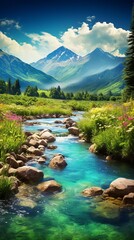 Wall Mural - The river flows through the valley with snow-capped mountains in the distance