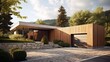 Modern wooden house with large garage and stone wall