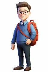 Wall Mural - Illustration of a young male student with brown hair, glasses, and a red backpack