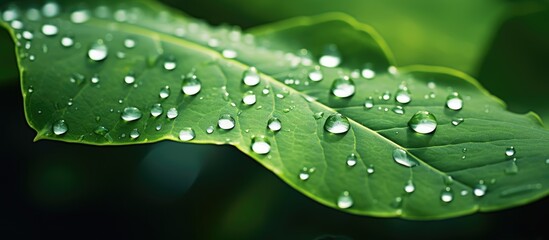 Sticker - Detailed view of a single leaf covered in tiny water droplets, reflecting light beautifully