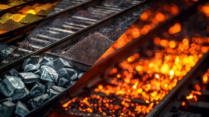 Images capturing the different stages of metal alloy cutting along a conveyor belt