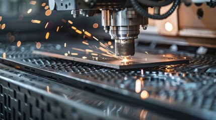 Wall Mural - Metal alloy cutting process on a conveyor belt, with the machine cutting precise shapes out of the metal sheets